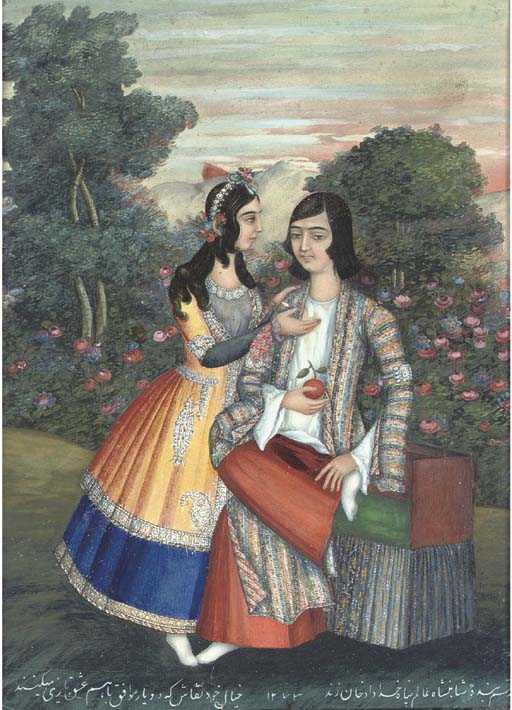 Painting by Khoda-Dad Khan Zand, QAJAR IRAN, 1856-7. http://www.christies.com/lotfinder/lot/a-young-couple-in-a-garden-by-4580055-details.aspx?pos=5&intObjectID=4580055&sid=&page=7&lid=1