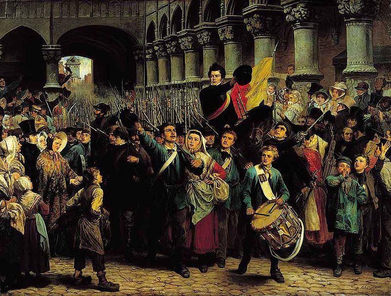 Charles Rogier leads revolutionary volunteers during the Belgian revolution against William I of the Netherlands. 